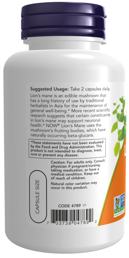 NOW Lion's Mane 500 mg, 60 kapsulių