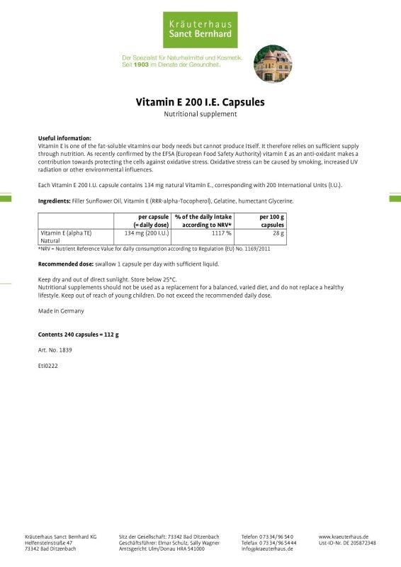 SANCT BERNHARD Vitaminas E 200 I.U., 240 kapsulių kaina