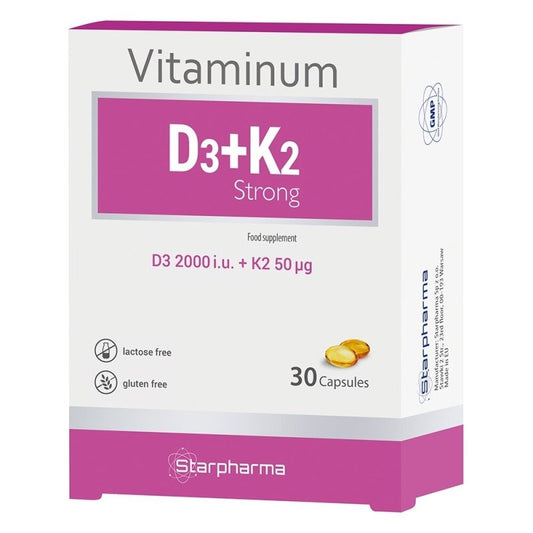Vitaminas D3 + K2 strong, Starpharma, 30 kapsulių kaina