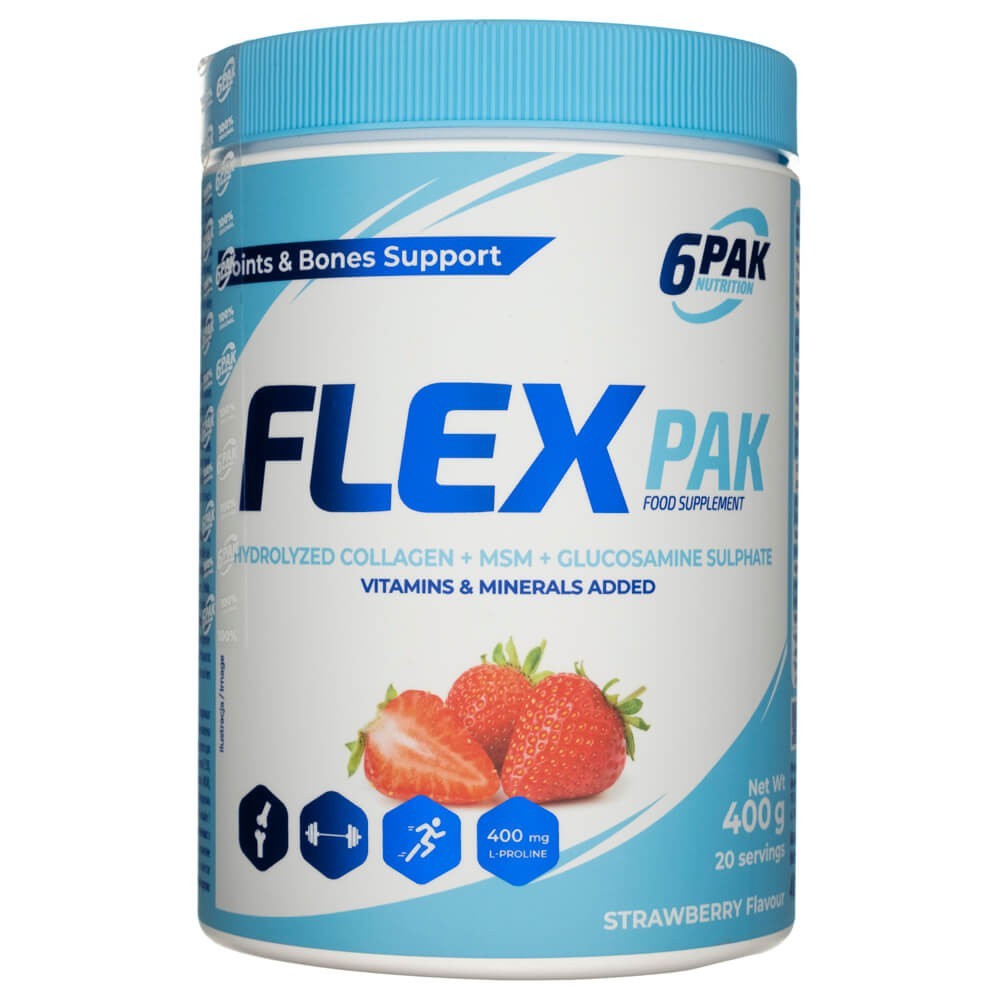 6PAK Flex Pak, hidrolizuotas kolagenas + MSM + gliukozamino sulfatas, braškių skonis - 400 g