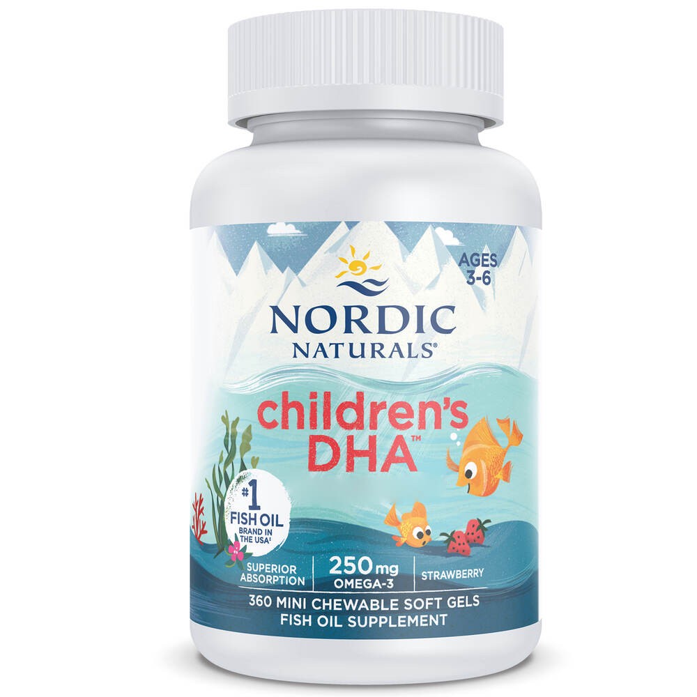 Nordic Naturals DHA, Omega-3 250 mg vaikams, braškių skonio - 360 mini kapsulių