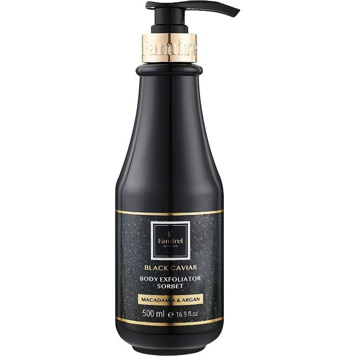 Famirel Black Caviar Šveičiamasis šerbetas / Kūno gelis su makadamija ir argano aliejumi, 500 ml
