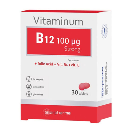 Vitaminas B12 100 strong Starpharma + Vitaminas E, 30 tablečių - Maisto papildai Sveikata1.lt